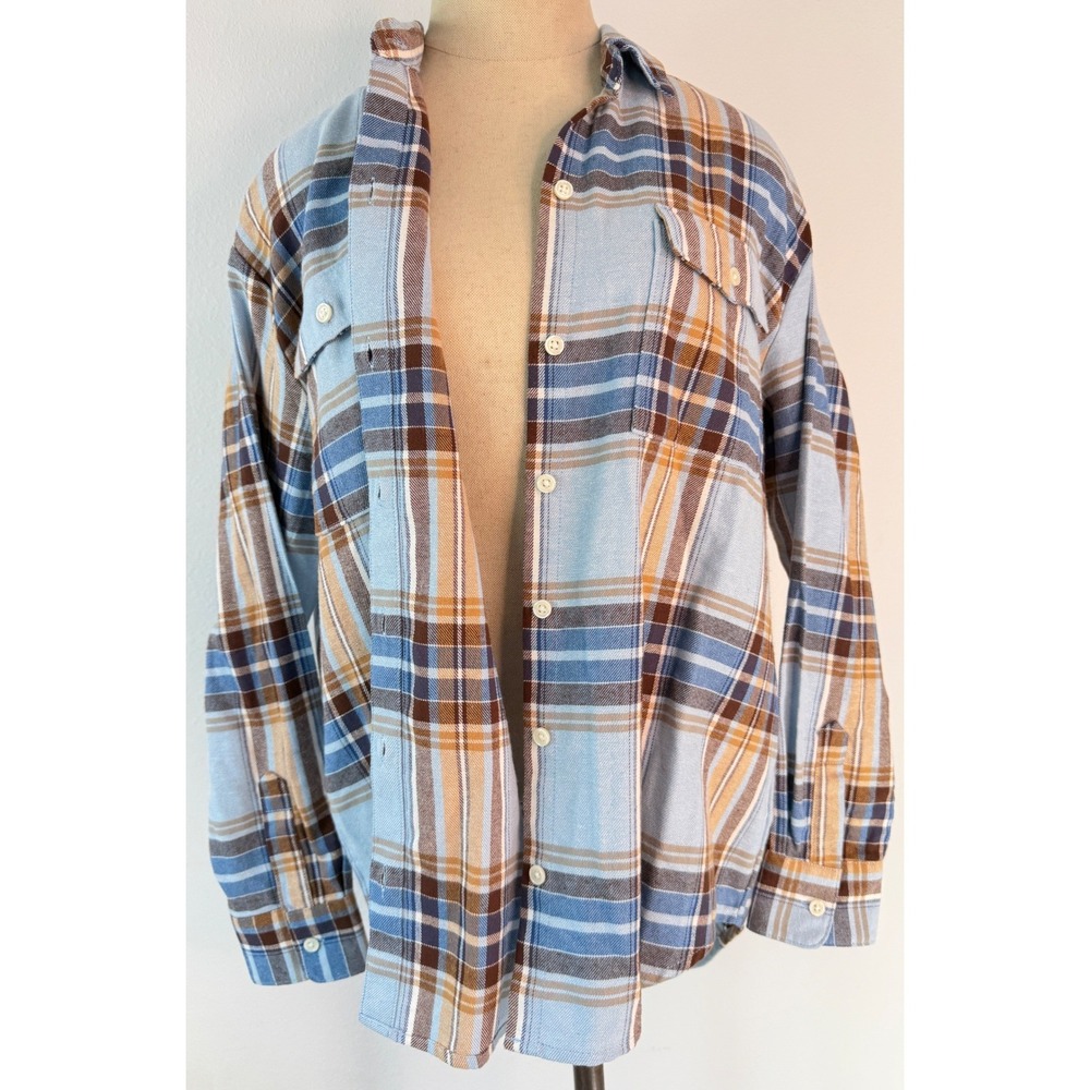 Old Navy The Boyfriend Plaid Shirt Button Front Blue Tan Cozy Flannel NWT Medium